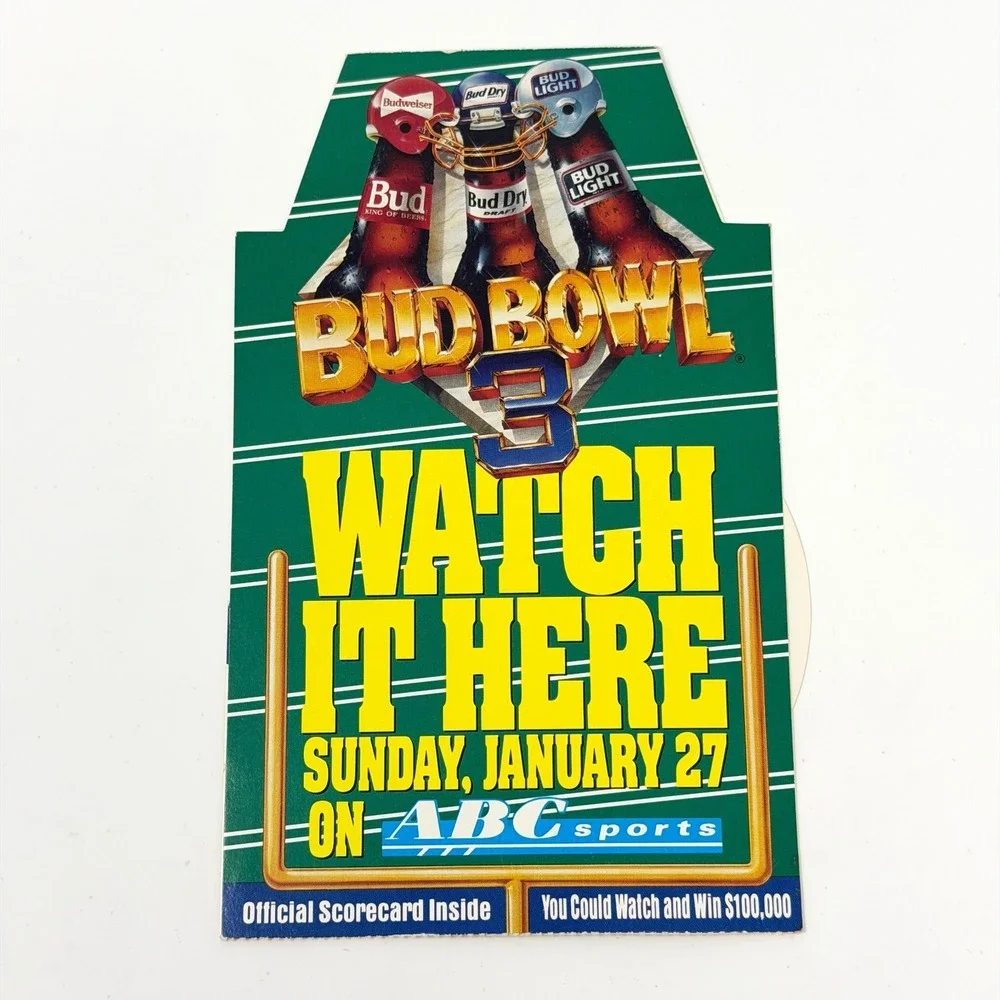Vintage Budweiser Bud Bowl 3 Bar Top Display 1991 ABC Sports‎ Scorecard